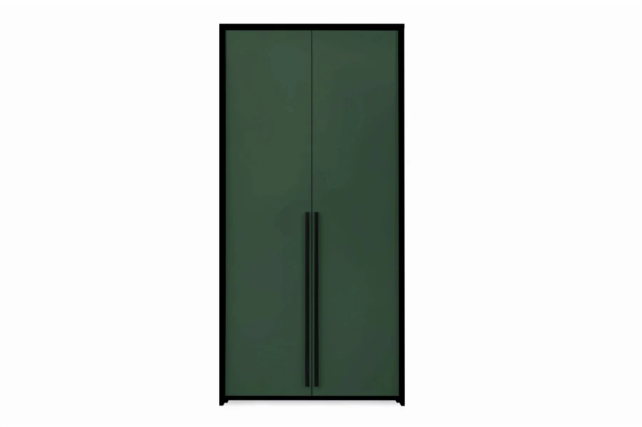 Moderner Kleiderschrank in Dunkelgrün, 2-türig mit schwarzen Griffleisten, Frontalansicht.