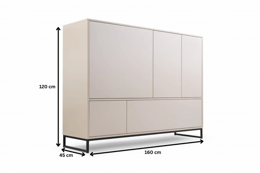 Abmessungen des Highboards: 160x120x45 cm, modernes Design in Beige.