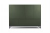 Highboard in Olivgrün, moderne Anrichte mit schwarzen Metallbeinen, geschlossen.