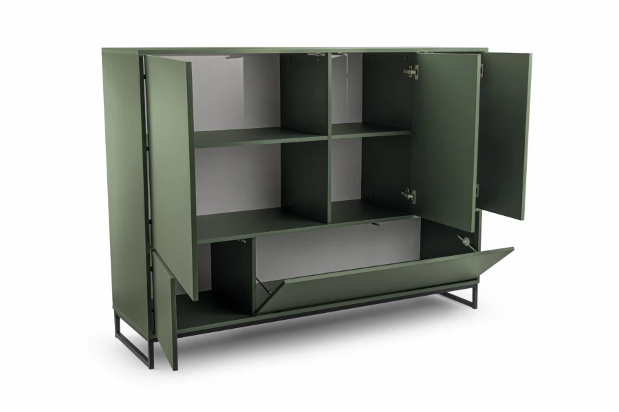 Highboard olivgrün geöffnet, moderne Aufbewahrungslösung mit Einlegeböden.