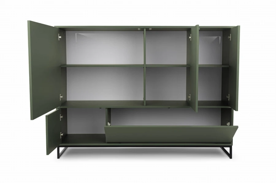 Modernes Highboard grün geöffnet, Frontalansicht der geräumigen Inneneinteilung.