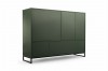 Modernes Highboard in Olivgrün mit elegantem schwarzem Metallgestell.