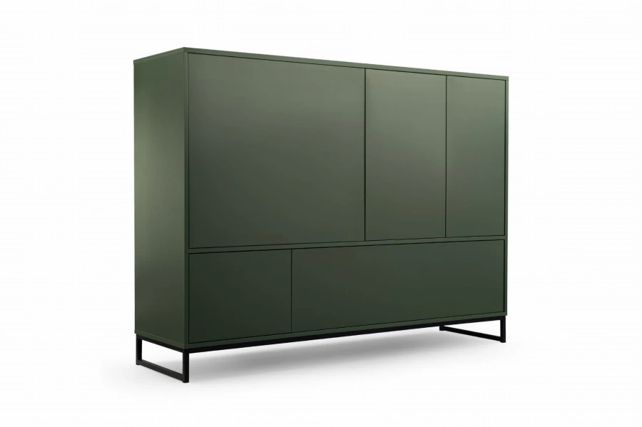 Modernes Highboard in Olivgrün mit elegantem schwarzem Metallgestell.