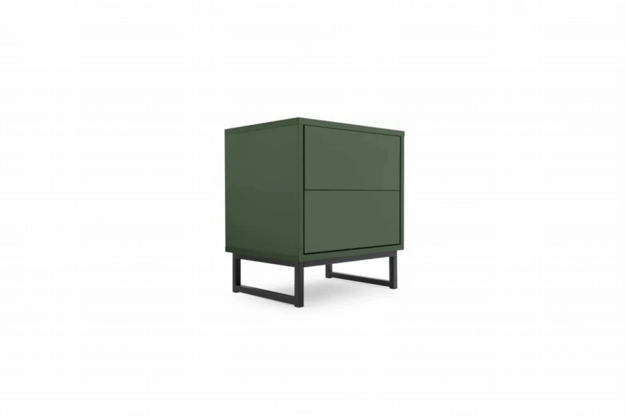 Seitenansicht eines modernen grünen Beistelltisches mit zwei Schubladen und schwarzem Metallfuß.