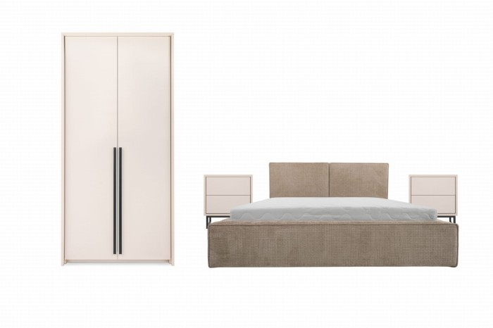 Komplettes Schlafzimmer-Set bestehend aus Kleiderschrank, Doppelbett und zwei Nachttischen in Beige.