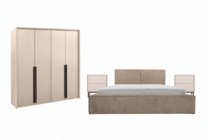 Komplettes Schlafzimmer-Set mit beigem 4-türigem Kleiderschrank, Polsterbett und zwei Nachttischen.