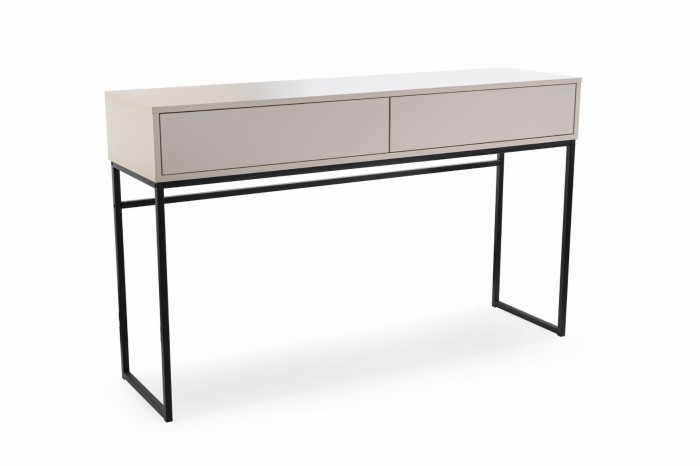 Beiger Konsolentisch mit 2 Schubladen und schwarzem Metallgestell für Flur oder Schlafzimmer.