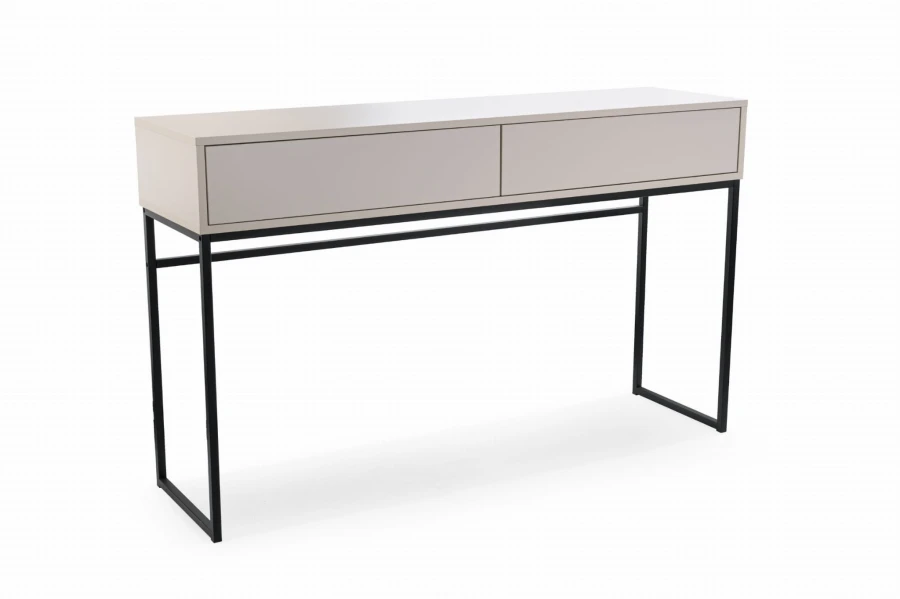 Beiger Konsolentisch mit 2 Schubladen und schwarzem Metallgestell für Flur oder Schlafzimmer.