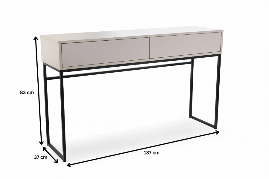 Beige console with dimensions: 137 cm width, 83 cm height, 37 cm depth, black metal frame.