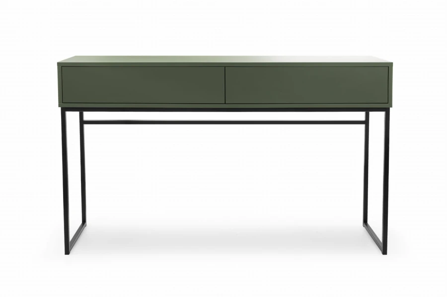 Grüner Konsolentisch mit zwei Schubladen und minimalistischem schwarzem Metallrahmen.