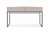 Eleganter beiger Konsolentisch mit zwei Schubladen und stabilen schwarzen Metallbeinen.