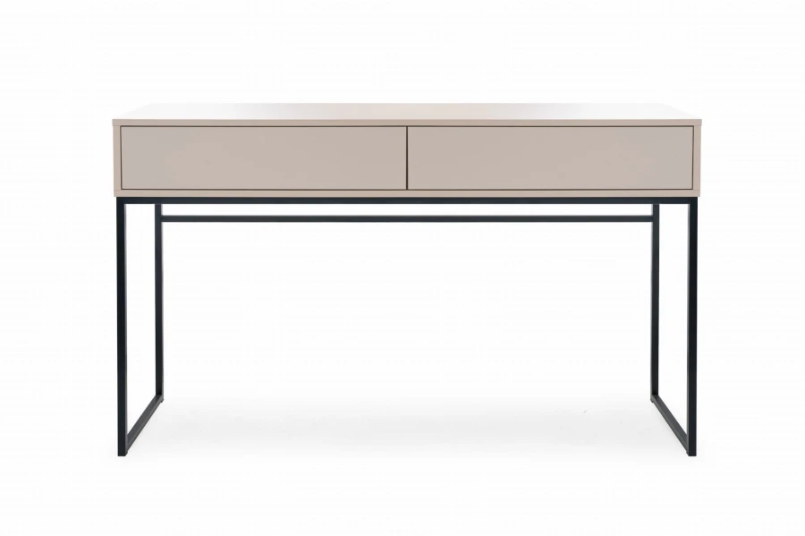 Eleganter beiger Konsolentisch mit zwei Schubladen und stabilen schwarzen Metallbeinen.