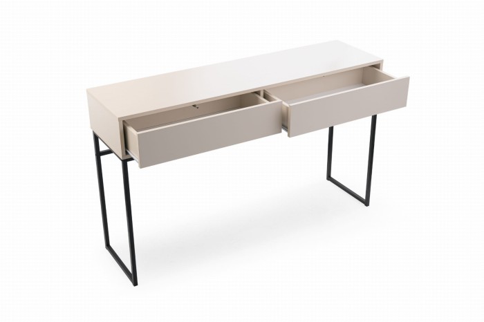 Moderner beiger Konsolentisch mit zwei offenen Schubladen und schwarzem Metallgestell.