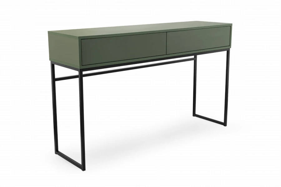 Dunkelgrüner Konsolentisch mit zwei Schubladen und minimalistischem schwarzen Metallrahmen.
