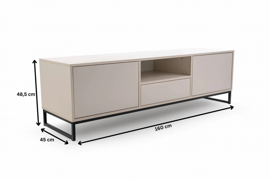 Abmessungen des TV-Lowboards: 160cm Breite, 48,5cm Höhe und 45cm Tiefe.