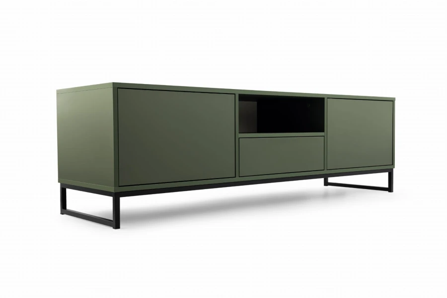 Dunkelgrünes TV-Lowboard im minimalistischen Design mit schwarzem Metallgestell.