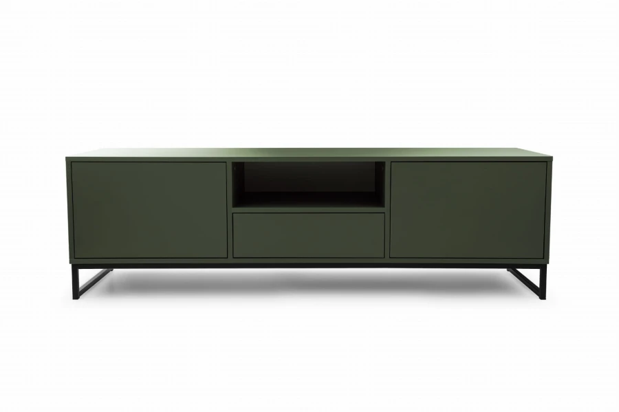 Modernes grünes Lowboard mit schwarzen Metallfüßen und Stauraum.