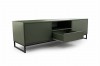 Dunkelgrünes TV-Board mit schwarzen Metallbeinen und einer ausgezogenen Schublade.