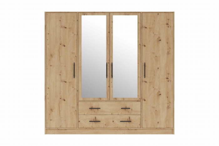 4-türiger Kleiderschrank in Eiche-Optik mit zwei Spiegeltüren und zwei Schubladen.