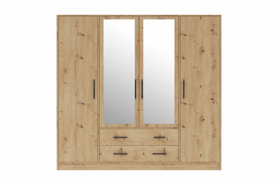 4-türiger Kleiderschrank in Eiche-Optik mit zwei Spiegeltüren und zwei Schubladen.