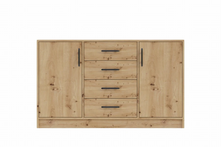 Breites Sideboard in Eichenoptik mit vier Schubladen und zwei Türen.