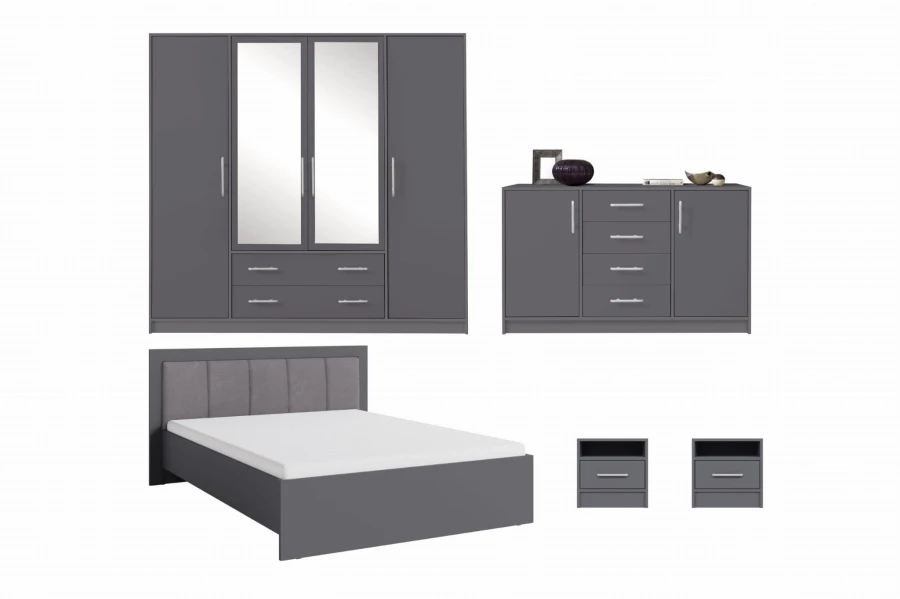 Komplettes Schlafzimmerset in Grau mit Kleiderschrank, Kommode, Bett und Nachttischen.