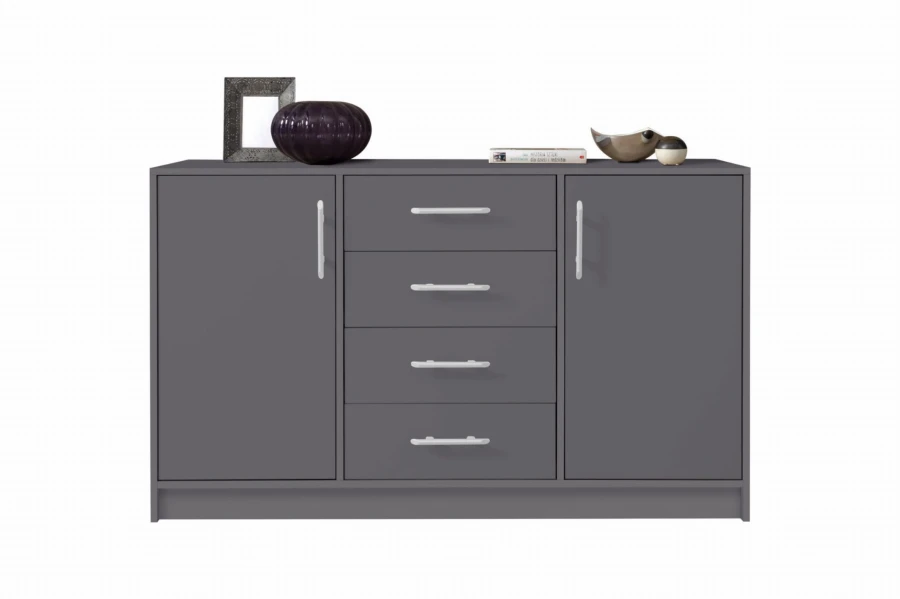 Graues Sideboard mit 2 Türen und 4 zentralen Schubladen für viel Stauraum.