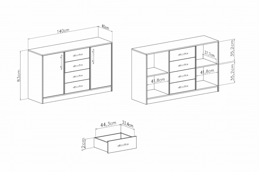 Maße und Innenansicht Sideboard: 140x83x40 cm mit Türen und Schubladen-Details.