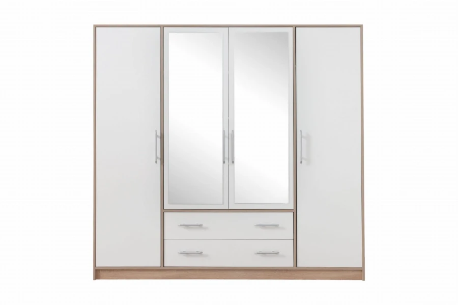4-türiger Kleiderschrank in Sonoma Eiche Nachbildung und Weiß mit zwei Spiegeltüren und zwei Schubkästen.