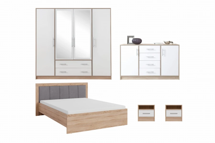 Schlafzimmer-Set in Eiche Sonoma und Weiß mit Bett, großem Kleiderschrank, Kommode und zwei Nachttischen.