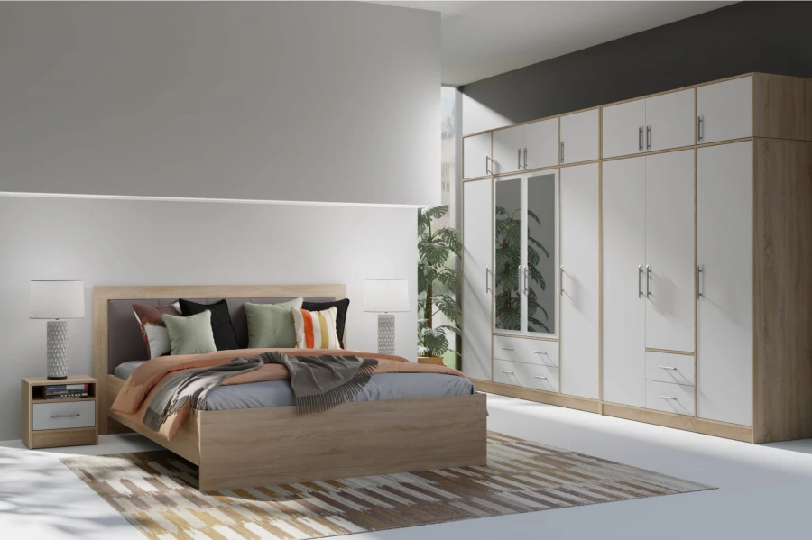 Modernes Schlafzimmer mit großem weißem Kleiderschrank, Eichenbett und gemütlicher Dekoration.