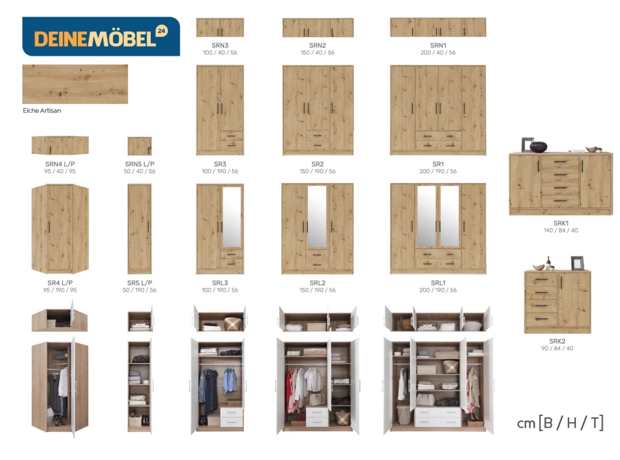 Modulares Kleiderschrank-System Artisan Eiche: Maße und Varianten.