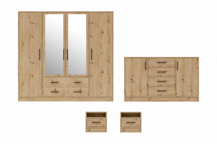 Schlafzimmer-Set in Eiche-Optik mit Kleiderschrank, Kommode und zwei Nachtschränken.