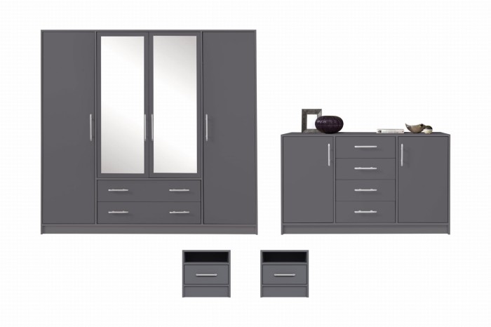 Vierteiliges Schlafzimmer-Set in Anthrazit mit Kleiderschrank, Sideboard und zwei Nachttischen.