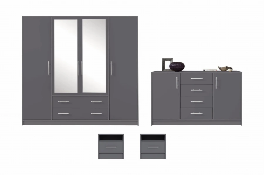 Vierteiliges Schlafzimmer-Set in Anthrazit mit Kleiderschrank, Sideboard und zwei Nachttischen.