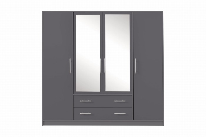 Moderner 4-türiger Kleiderschrank in Anthrazit mit zwei Spiegeltüren und zwei praktischen Schubladen.