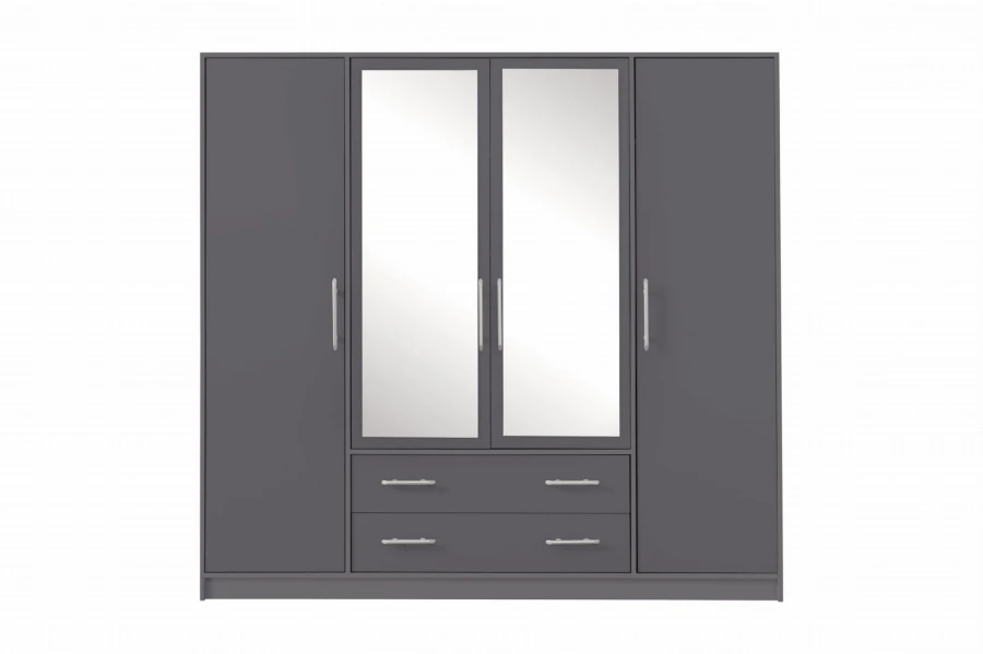Moderner 4-türiger Kleiderschrank in Anthrazit mit zwei Spiegeltüren und zwei praktischen Schubladen.