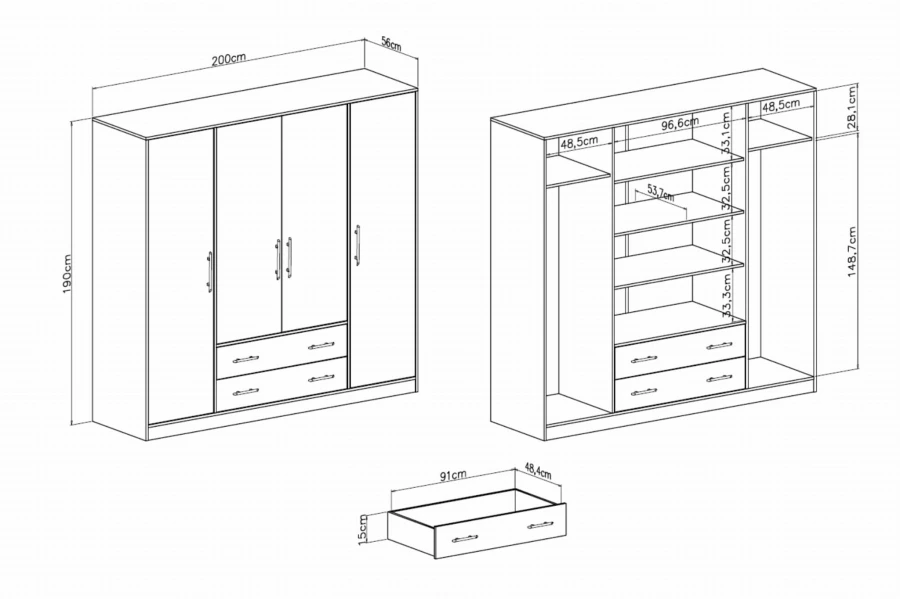 Technische Zeichnung und Maße für einen 200 cm breiten Kleiderschrank mit detaillierter Innenaufteilung.