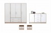Vierteiliges Schlafzimmermöbel-Set mit Schrank, Kommode und Nachttischen in Weiß-Eiche.