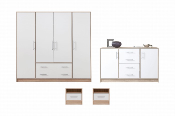 Vierteiliges Schlafzimmermöbel-Set mit Schrank, Kommode und Nachttischen in Weiß-Eiche.