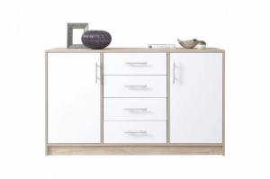 Schlafzimmer-Set SAM B Eiche Sonoma / Weiß Matt Schlafzimmer (Schrank SRL1 Kommode SRK1 Nachttisch SR7, 4-tlg. Deine Möbel 