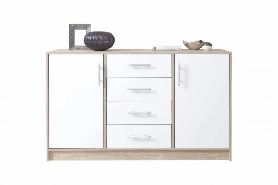 Modernes Sideboard in Eiche-Weiß-Kombination mit 4 Schubladen und 2 Schranktüren.