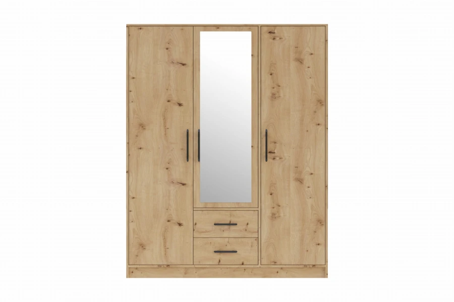 3-türiger Kleiderschrank in Eiche-Optik mit mittigem Spiegel und zwei praktischen Schubladen.