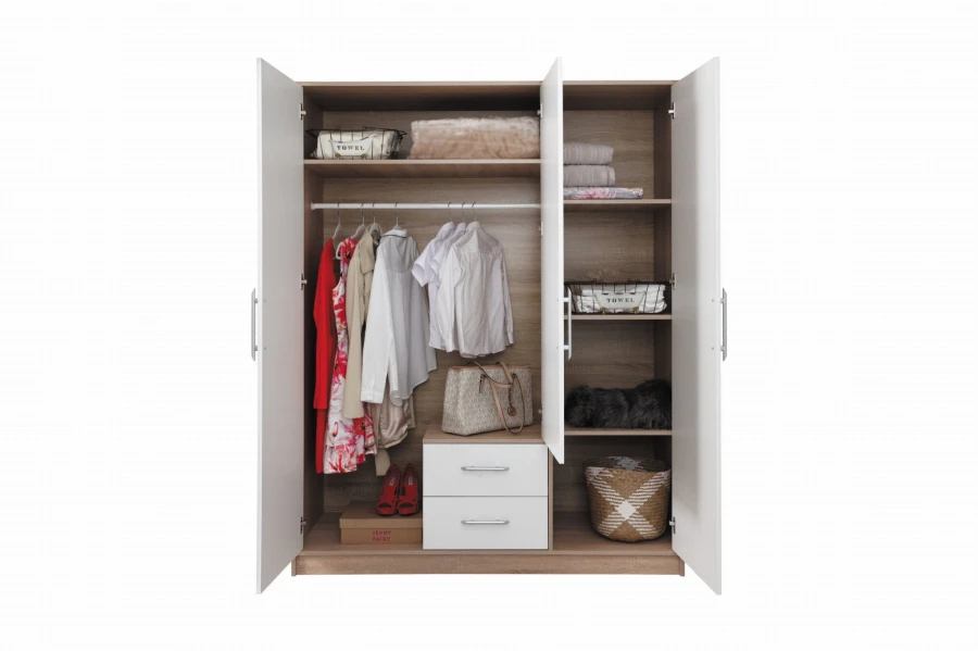 Offener Kleiderschrank in Weiß und Eiche mit Kleiderstange, Einlegeböden und praktischen Schubladen für Kleidung.