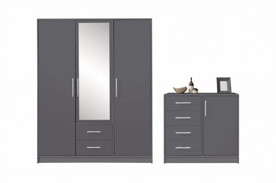 Graues Möbel-Set: Kleiderschrank mit Spiegel und Kommode für das Schlafzimmer.