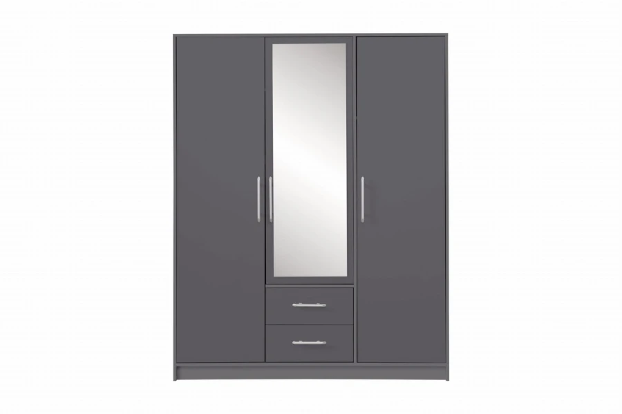 3-türiger Kleiderschrank in Grau mit Spiegel und praktischen Schubladen.