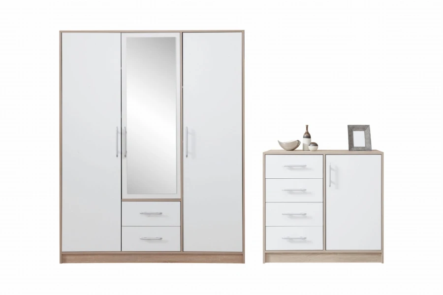 Schlafzimmer-Set: 3-türiger Kleiderschrank mit Spiegel und passende Kommode in Weiß/Eiche.