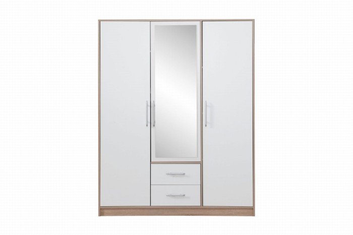 3-türiger Kleiderschrank in Weiß mit zentralem Spiegel und zwei praktischen Schubladen.
