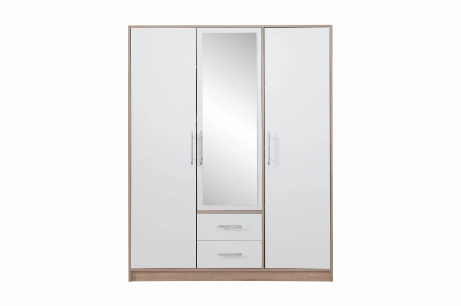 3-türiger Kleiderschrank in Weiß mit zentralem Spiegel und zwei praktischen Schubladen.