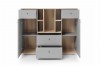 Offenes Sideboard in Grau und Eiche mit Türen, Schubladen und Regalfächern für das Wohnzimmer.
